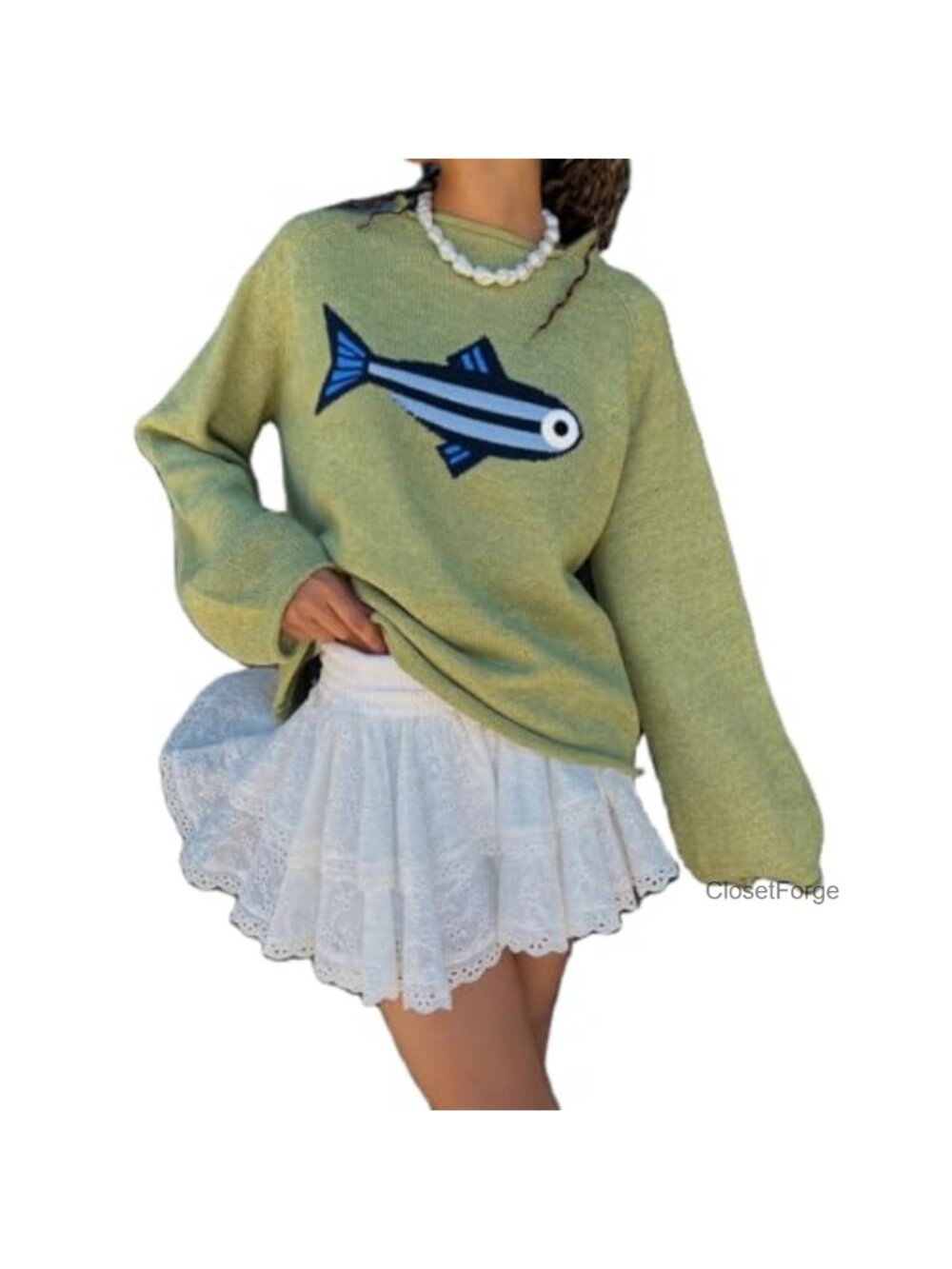 Women Rib Knit Fish Graphic Sweater Crew Neck Oversized Vintage Pullover